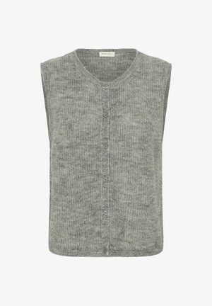 Világosszürke ujj nélküli kötött mellény kerek nyakkal és gombos záródással, amely texturált mintát és finom színváltozásokat mutat.