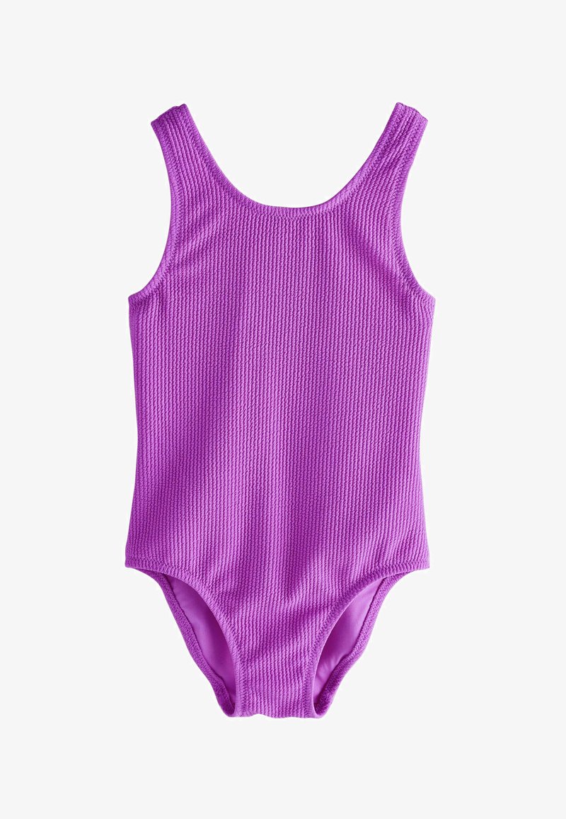 Costume intero viola con motivo testurizzato a coste. Presenta spalline larghe e scollo a U con una fodera interna liscia.