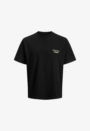 Musta puuvillapaita, jossa on pyöreä pääntie, lyhyet hihat ja vihreä kirjailtu "ORIGINALS" -logo rinnassa. Yksinkertainen muotoilu.