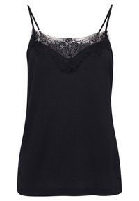 Top camisole noir avec fines bretelles réglables et bordure en dentelle le long de l'encolure en V.