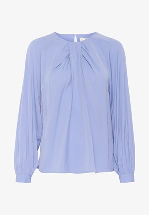 Light blue blouse with pleated front design and long puffed sleeves. Features a round neckline and keyhole opening at the back. Smooth texture.