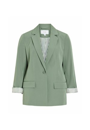 Světlounce zelené dámské sako s jedním knoflíkem, klopami s výstřihem, našitými kapsami a proužkovou podšívkou na rukávech ohrnutých nahoru.
