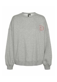 Sudadera gris claro de corte holgado, con cuello redondo y puños acanalados. Presenta texto rojo y un gráfico de carita sonriente en el lado izquierdo del pecho. Textura de tela suave.
