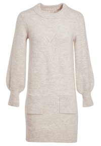 Robe en tricot beige clair avec un col rond, des manches ballon, deux poches avant et des détails de dentelle en forme de diamant. Texture douce.