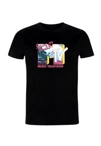 Černé bavlněné tričko s živým logem MTV v růžové, žluté a modré barvě, doplněné grafikou oceánských vln a textem "Jarní prázdniny '97."