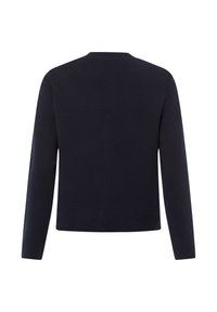 Marineblauer Pullover mit langen Ärmeln und Rundhalsausschnitt, der eine glatte Textur und ein schlichtes Design aufweist, ohne Muster oder sichtbare Hardware.