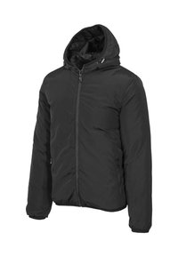 Giubbotto piumino nero con cappuccio, zip frontale full, due tasche laterali e polsini elastici per una vestibilità regolabile. Tessuto liscio e isolato.