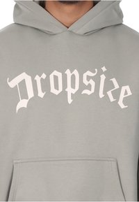Sweat à capuche gris clair avec un imprimé graphique blanc indiquant "Dropsize." Comprend une poche frontale et une capuche à cordon. Texture douce.