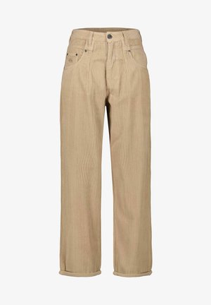 Pantalon en velours côtelé beige à rayures verticales, fermeture par boutons, passants pour ceinture, style cinq poches et ourlets retroussés.