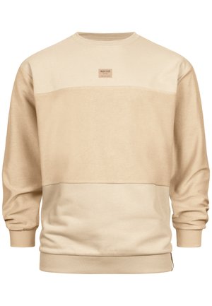 Beige sweatshirt med et horisontalt design i to nuancer af beige. Ribbet ved håndled og i kanten, med et kvadratisk mærke på brystet.
