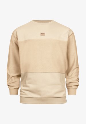 Beige sweatshirt med et horisontalt design i to nuancer af beige. Ribbet ved håndled og i kanten, med et kvadratisk mærke på brystet.