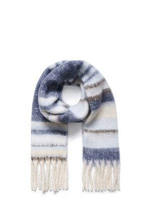 Bufanda suave y gruesa de lana con rayas horizontales en azul, blanco, gris y beige, con largos flecos en ambos extremos.