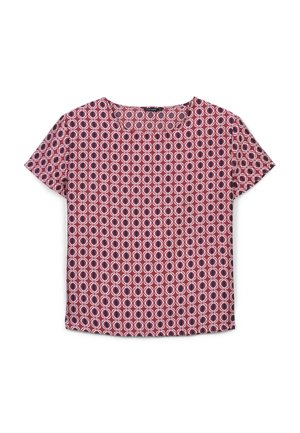 Top a maniche corte realizzato in un tessuto leggero, caratterizzato da un motivo circolare ripetuto in rosso, bianco e blu navy. Collo a giro.