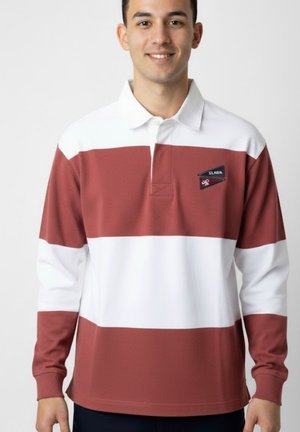 Camisa polo de manga larga con rayas horizontales en color burdeos y blanco, un collar y un parche de logo en el lado izquierdo. Tejido texturado.