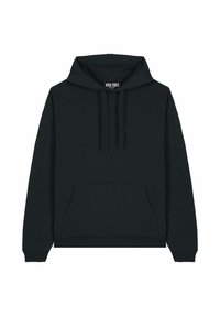 Felpa nera con cappuccio realizzata in morbido misto cotone, caratterizzata da una tasca a marsupio frontale, polsini a coste e lacci sul cappuccio.