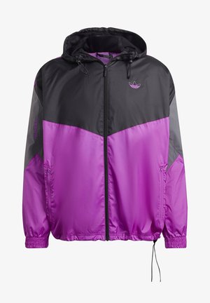 Sort og lilla hættetrøje med lynlås, elastiske manchetter, justerbar bund og Adidas-logo på venstre bryst og højre ærme.