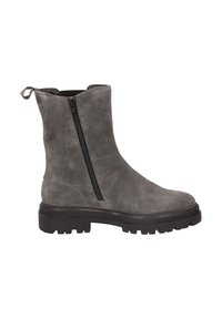 Mittelhoher grauer Wildlederstiefel mit schwarzem Reißverschluss an der Seite, Ziehlasche an der Rückseite und dicker schwarzer Gummisohle mit strukturiertem Muster.