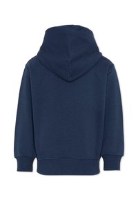 Felpa con cappuccio blu navy con polsini e orlo a coste, vista da dietro, caratterizzata da un design semplice e un ampio cappuccio.