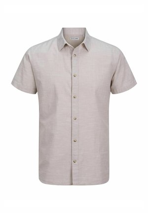 Lichtbeige overhemd met korte mouwen in een gestructureerde stof, met een kraag en zeven bruine knoopsluitingen.