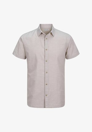 Lichtbeige overhemd met korte mouwen in een gestructureerde stof, met een kraag en zeven bruine knoopsluitingen.