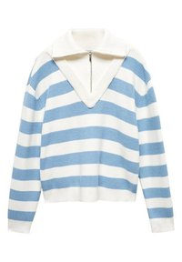 Pull en maille à manches longues avec larges rayures horizontales blanches et bleu clair et col en V profond avec une courte fermeture éclair.