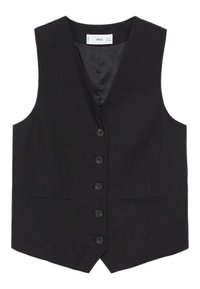 Gilet formel noir avec cinq boutons, deux poches passepoilées à l’avant et un col en V, photographié à plat sur fond blanc.