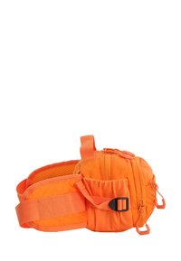 Banano de nailon naranja con múltiples compartimentos con cremallera, correas ajustables y un respaldo acolchado para mayor comodidad. Cuenta con un forro de malla.