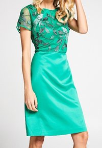 Zelené šaty s perlovým květinovým vzorem na průhledném těle, hladká saténová sukně a krátké rukávy. Rovný střih, délka ke kolenům.