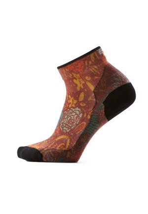 Enkelhoge sok met zwarte teen en hiel, met een multicolor abstract bloemenpatroon in oranje, geel en teal tinten.