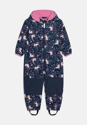 Børns mørkeblå hættetrøje-jumpsuit med lyserød inderfor, enhjørninge- og blomstermønster, forstærkede knæ, lynlås foran og fodstropper.