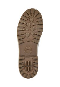 Semelle de chaussure en caoutchouc marron avec des motifs texturés et des éléments de rembourrage ronds. Présente un logo circulaire et le texte "ABSORBEUR DE CHOC".