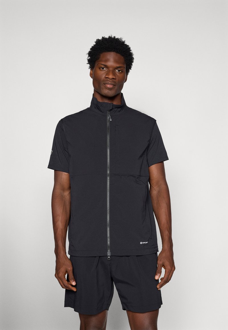 Black short-sleeve zip-up jacket made of lightweight fabric, featuring a high collar and a front zipper, paired with matching shorts.