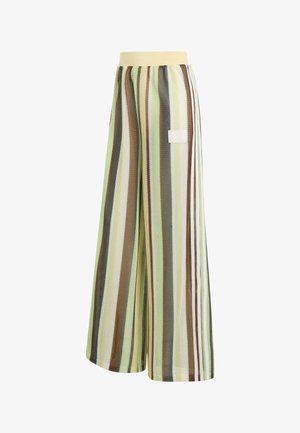 Pantalones de punto de pierna ancha con rayas verticales en verde, marrón, crema y gris, con una cinturilla beige y un pequeño parche con logo en el lateral.