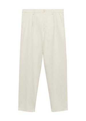 Light beige, straight-leg trousers made of soft fabric, featuring a high waist, front pleats, button closure, and side pockets.