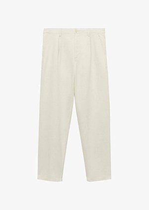 Light beige, straight-leg trousers made of soft fabric, featuring a high waist, front pleats, button closure, and side pockets.