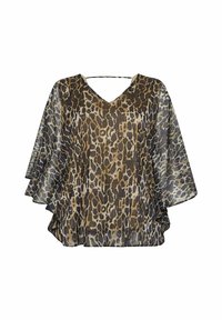 Blusa con stampa leopardata, scollatura a V, maniche corte a sbuffo e vestibilità ampia. Presenta tonalità di marrone, nero e beige in tessuto leggero.