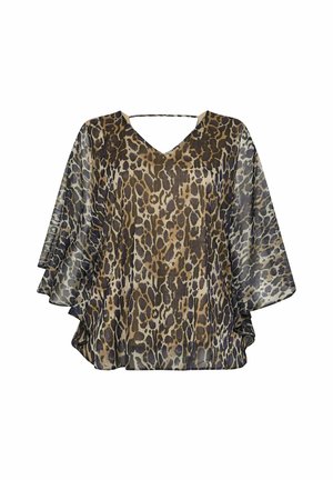 Blouse met luipaardprint, met een V-hals, korte fladdermouwen en een losse pasvorm. Bevat tinten bruin, zwart en beige in een lichte stof.