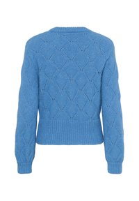 Pull bleu en maille avec manches longues, ourlet et poignets côtelés, et motif texturé en losange dans le dos.