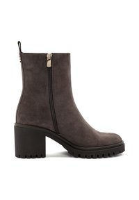 Gray suede ankle boot with a chunky heel, side zippers, textured rubber sole, and clean silhouette. Ideal for casual or semi-formal wear.