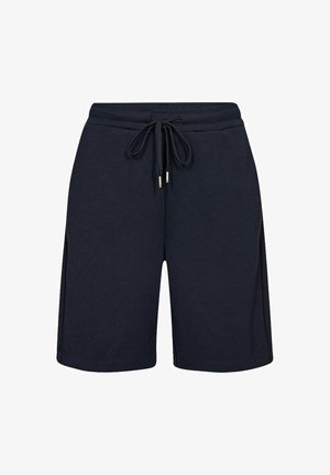 Námornícky modré športové šortky vyrobené z mäkkej tkaniny, s elastickým pásom a šnúrkou, bočnými vreckami a voľným strihom.