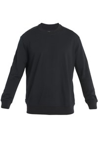 Schwarzes Rundhals-Sweatshirt aus weichem Stoff. Mit langen Ärmeln und gerippten Bündchen. Einfaches Design ohne sichtbare Muster oder Akzente.