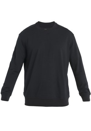 Svart tröja med rundad urringning gjord av mjukt tyg. Har långa ärmar och ribbade muddar. Enkel design utan synliga mönster eller accenter.