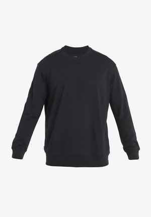 Black crew neck sweatshirt made of soft fabric. Features long sleeves and ribbed cuffs. Simple design with no visible patterns or accents.