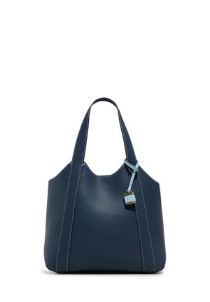 Navy leather tote bag with a textured finish, dual handles, light blue accents, and white stitching along the seams.