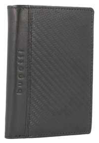 Black wallet featuring a smooth leather exterior and a textured carbon fiber design. Marked with "bugatti" on the side, with fine stitching details.