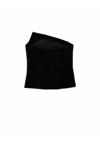 Zwarte korset van gestructureerde stof met een gestructureerd ontwerp, voorzien van een gladde binnenvoering en een schuin bovenrand.