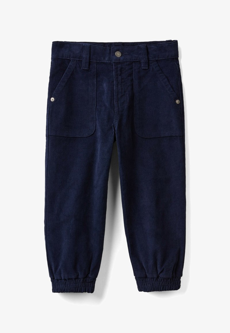 Pantaloni in velluto a coste blu navy con polsini elasticizzati, bottone e cerniera frontali, tasche anteriori inclinate con dettagli a bottone e passanti per cintura.