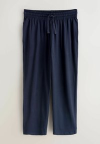 Pantalon décontracté bleu marine avec taille élastique et cordon de serrage, coupe droite, en tissu doux, suspendu sur fond blanc.