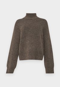 Maglione marrone lavorato a maglia con collo alto e vestibilità ampia. Presenta maniche lunghe e un tessuto morbido e texturizzato.