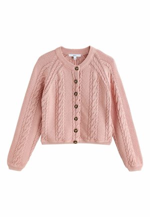 Pink knitted cardigan with cable patterns, round neckline, long sleeves, and seven dark buttons down the front.